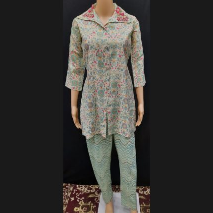 Co-ord Set - Off-white with Firozi and Rani Pink Floral Print 40