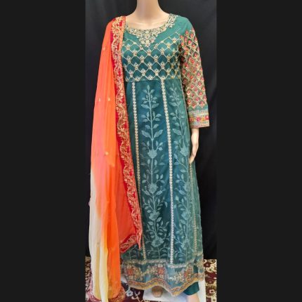 Green And Orange Embroidered Anarkali Suit 36