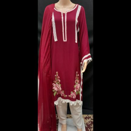 Red Embroidery And Lacework Top With Pant And Dupatta 48