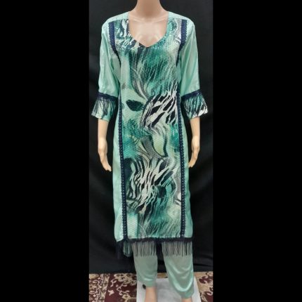 Mint Green Top With Teal And Black Printed Accents In Central Pannel With Pant 48