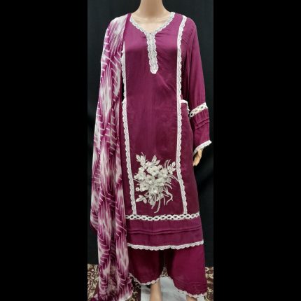 Magenta Top With White Floral Embroidery On The Front Panel With Pant And Dupatta 46