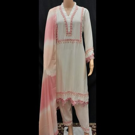 White Top With Pink Accents With Pant And Dupatta 46