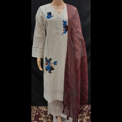 White Handwork Embroided Top With Pant And Dupatta 44