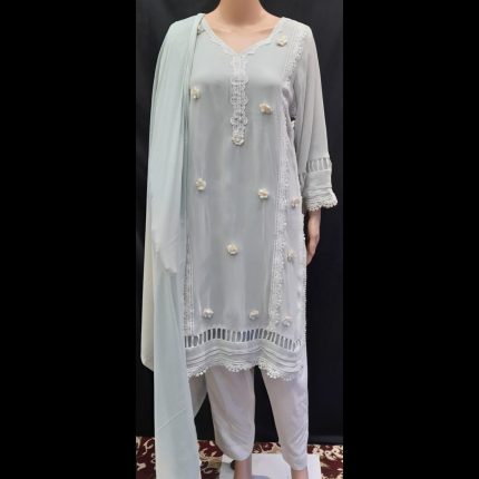 Pastel Green 3D Flower Top With Pant And Dupatta 44