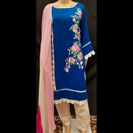Royal Blue Floral Embroided Top With Pant And Dupatta 42