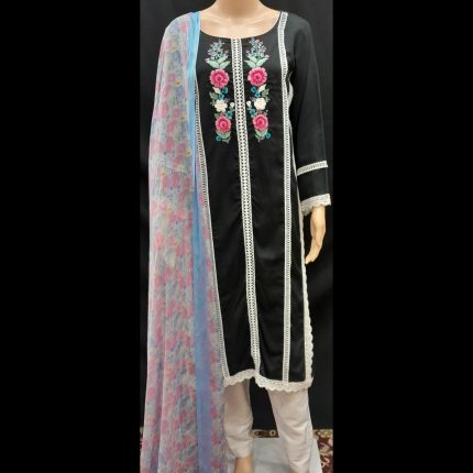 Black Floral Embroidery Top With Pant And Dupatta 46