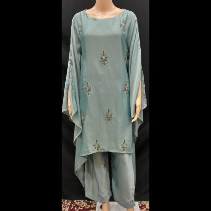 Pastel Blue Handwork Kaftan With Pant 44