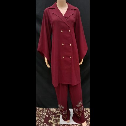 Handwork Co-ord Set Merlot Red Top With Pant 46