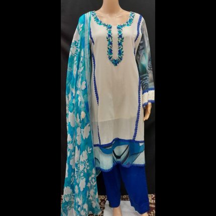 White And Blue Printed Top With Embroidery On Neckline With Pant And Dupatta 44