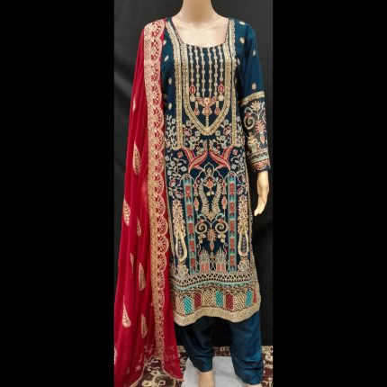 Berry Blue Embroided Party Wear Top With Pant And Dupatta 44