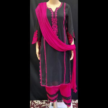 Black Top With Intricate Pink Embroidery With Pant And Dupatta 44