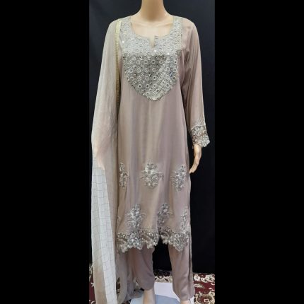 Tan Brown Mirror Work Top With Pant And Dupatta 42