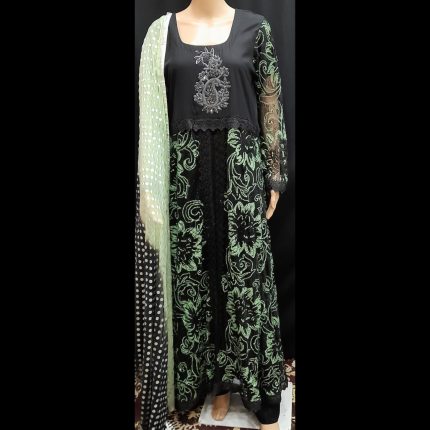 Black Gown With Floral Pattern In Shades Of Green With Pant And Dupatta 40