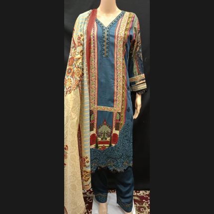 Sea Blue Cotton Embroided Patchwork Suit 40