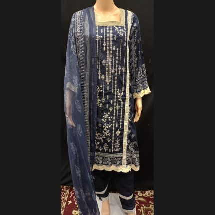 Navy Blue Cotton Embroided Patchwork Suit 42