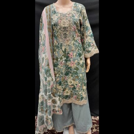 Gray Multicoloured Embroidered Cotton Suit With Plazzo 42