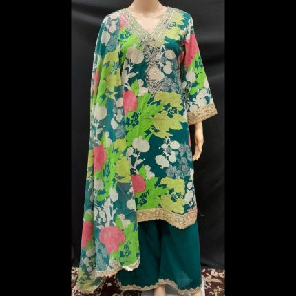 Peacock Blue Multicoloured Embroidered Cotton Suit With Plazzo 40