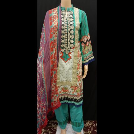 Jade Green Multicolored Embroidered Cotton Suit 46