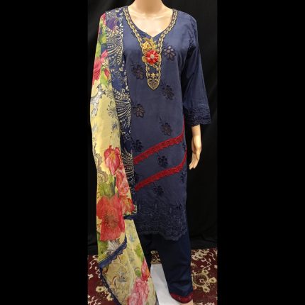 Yale Blue Cotton Patchwork Suit 42