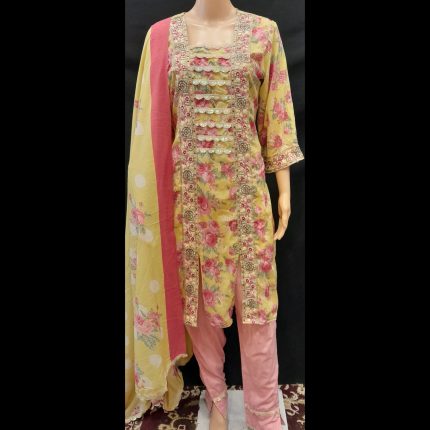 Yellow Printed Cotton Lacework Suit 40