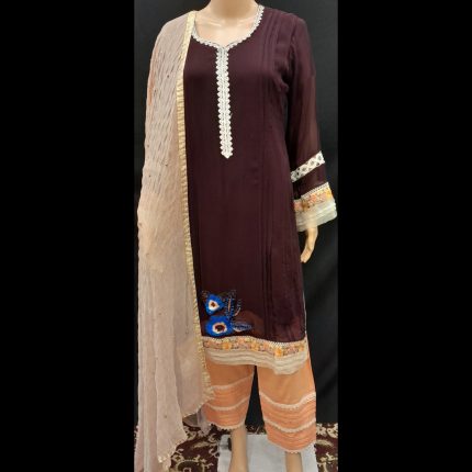 Brown Handwork Embroided Designer Suit 40