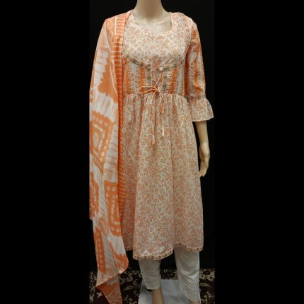 Orange And White Cotton Printed Suit 38