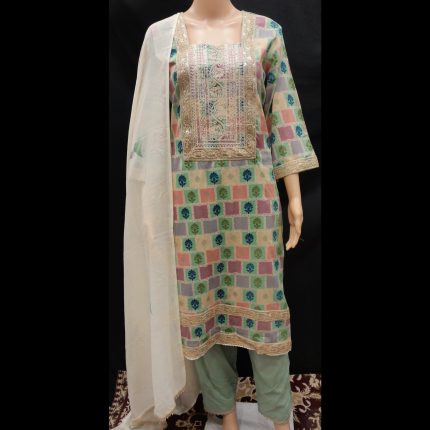 Light Green Cotton Printed Lacework Suit 44