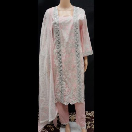 Blush Pink Cotton Embroided Lacework Suit 44