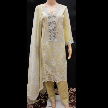 Light Yellow Cotton Embroided Printed Lacework Suit 48