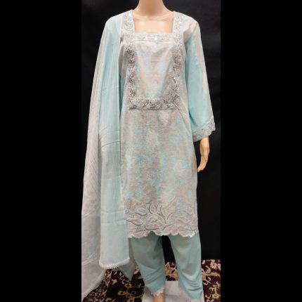 Pastel Blue Cotton Embroided Printed Suit 46