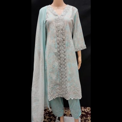 Pastel Blue Cotton Embroided Lacework Suit 42