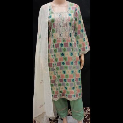 Light Green Cotton Printed Lacework Suit 42