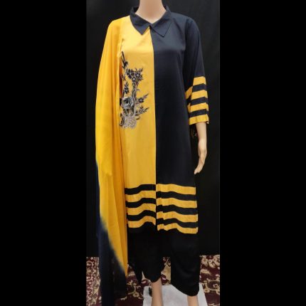 Navy Blue And Yellow Embroided Top With Pant And Dupatta 42