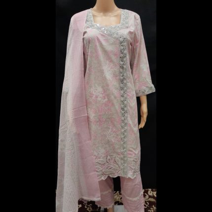 Blush Pink Cotton Embroided Lacework Suit 40