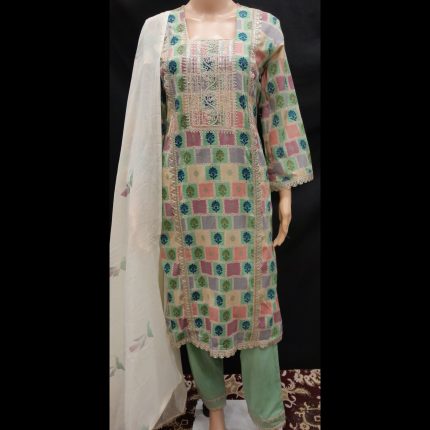 Green Cotton Printed Lacework Suit 40