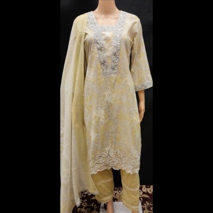 Light Yellow Cotton Embroided Suit 38