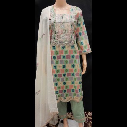 Green Cotton Printed Lacework Suit 38