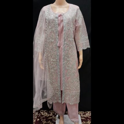 Pink Jacket Style Party-Wear With Pant And Dupatta 48