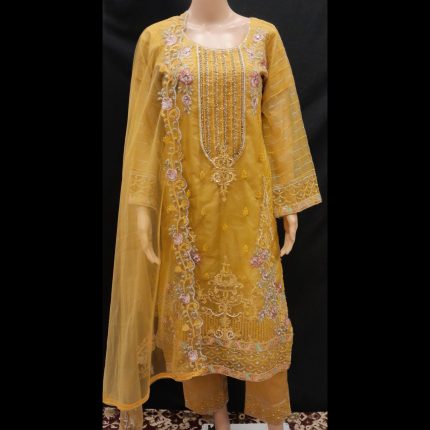 Mustard Yellow Embroidered Organza Suit 42