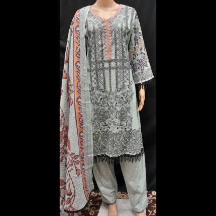 Misty Grey Cotton Lacework Printed Suit 48