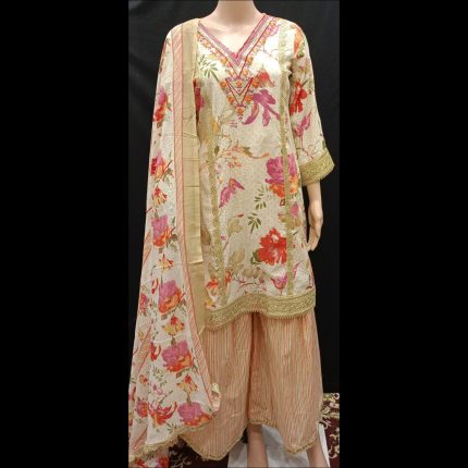 Cream Cotton Multicolored Embroidered Suit 38