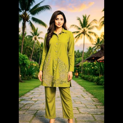 Handwork Co-ord Set Olive Green Top With Pant 38