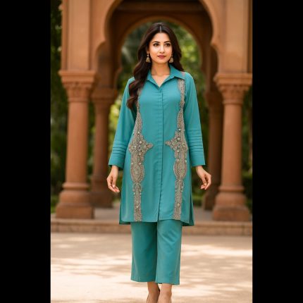 Handwork Co-ord Set Turqouise Blue Coat Collar Top With Matching Pant 44