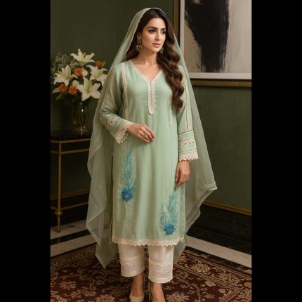 Mint Green And Off-white Pakistani Style Handwork Patch Designer Suit 50