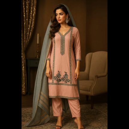 Light Peach And Grey Embroidered Designer Suit With Handwork Embellishment 50