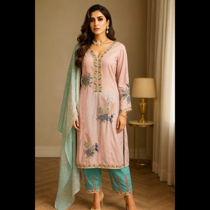 Soft Baby Pink And Blue Pakistani Style Handwork Patch Multicolored Designer Suit 50