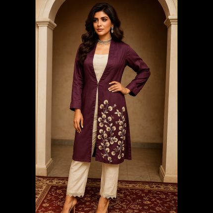 Cream Handwork Indowestern Coord With Plum Jacket 46