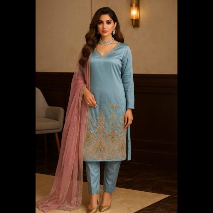 Ice Blue Handwork Top With Pant And Dupatta 42