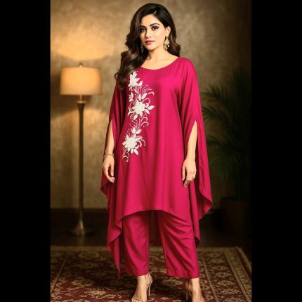 Fuchsia Blossom Hand Embroidered Kaftan 38