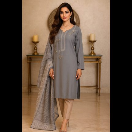 Grey And Dull Gold Handwork Embroidered Pakistani Style Designer Suit 48
